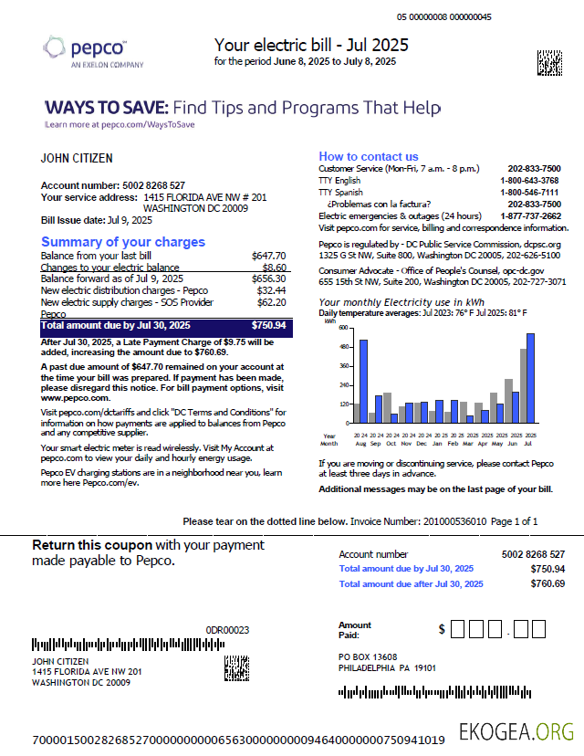USA Pepco utility bill template in Word and PDF formats, version 3